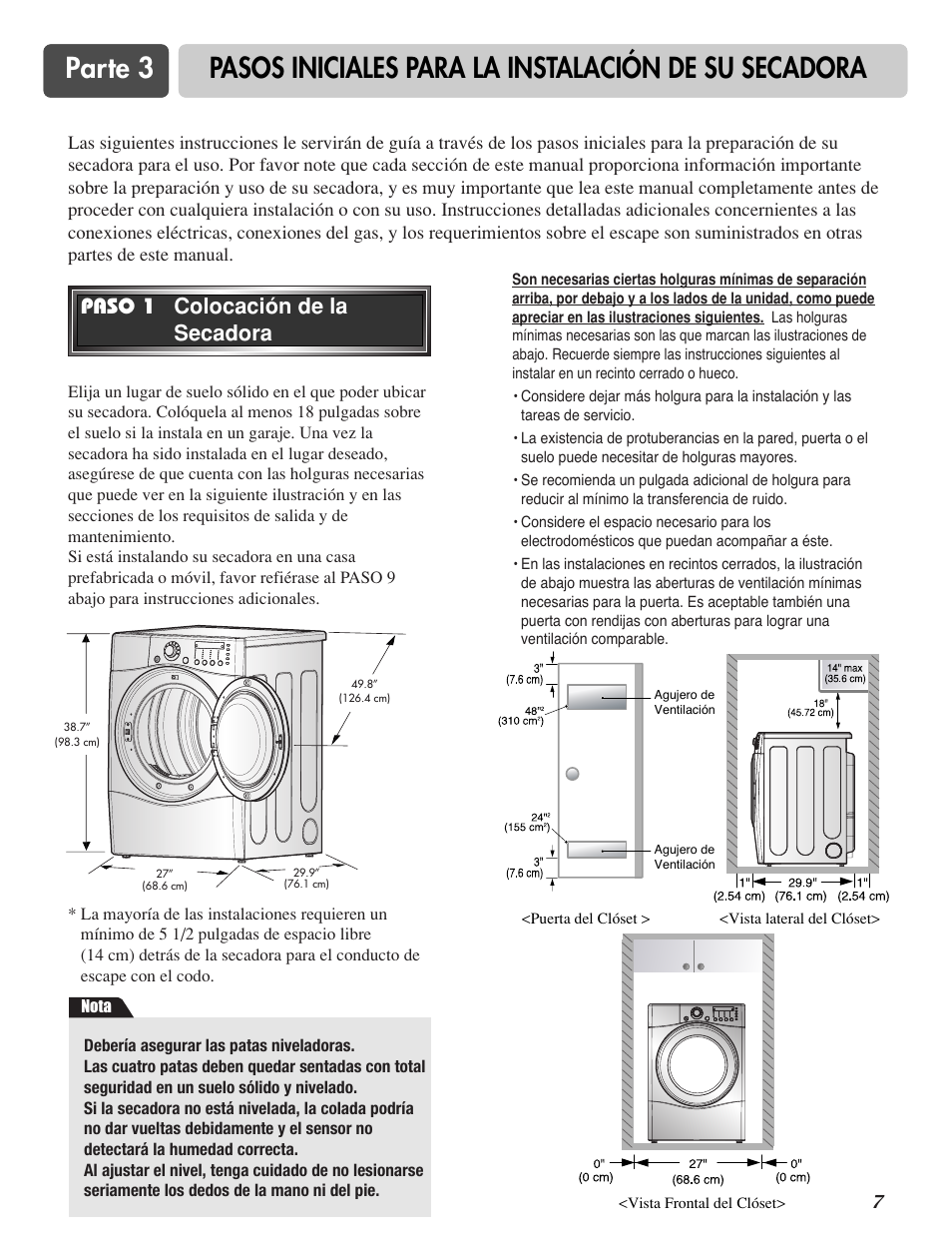 Paso 1 colocación de la secadora | LG TD-V10150G User Manual | Page 40 / 65