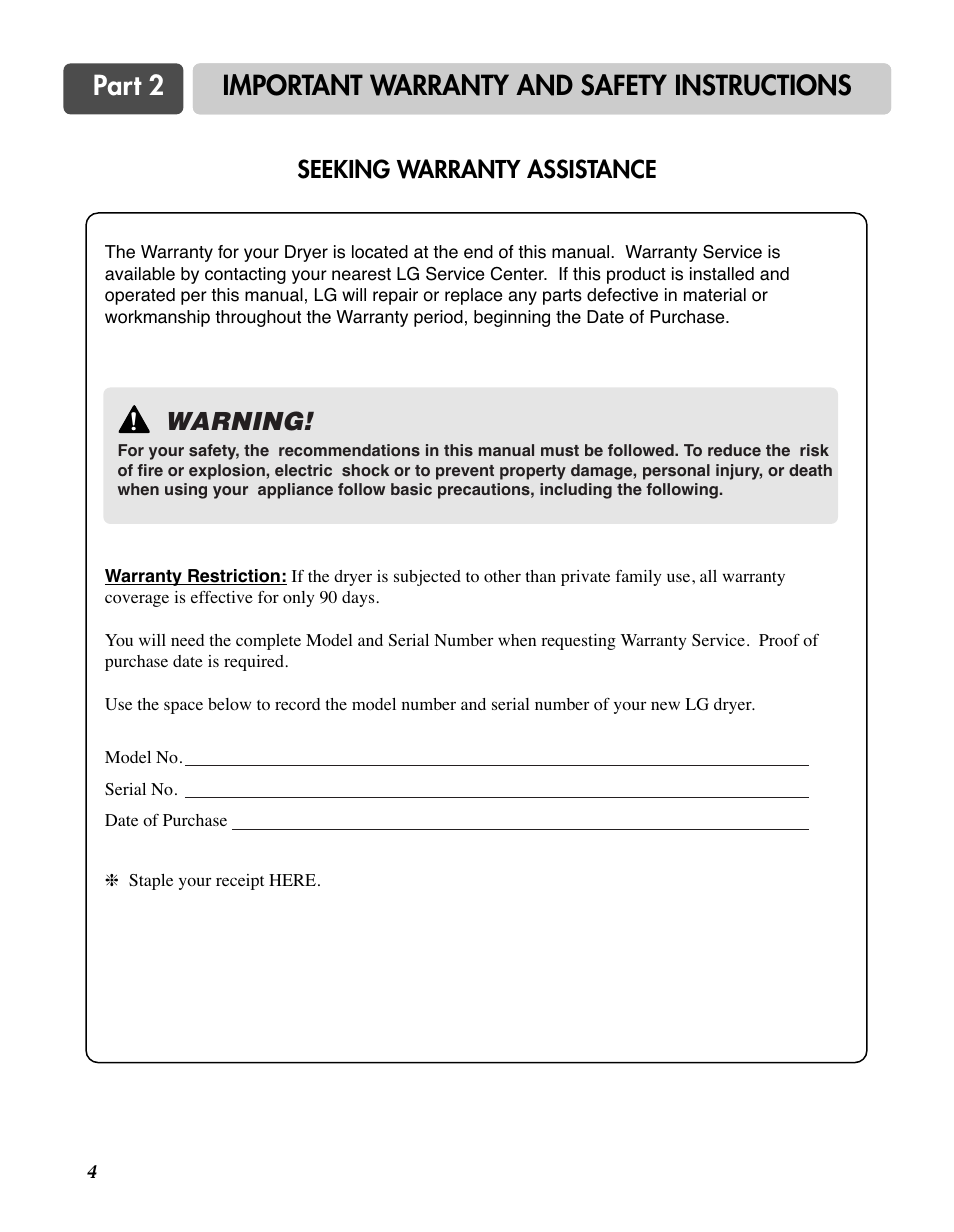 Part 2, Important warranty and safety instructions, Warning | Seeking warranty assistance | LG TD-V10150G User Manual | Page 5 / 65