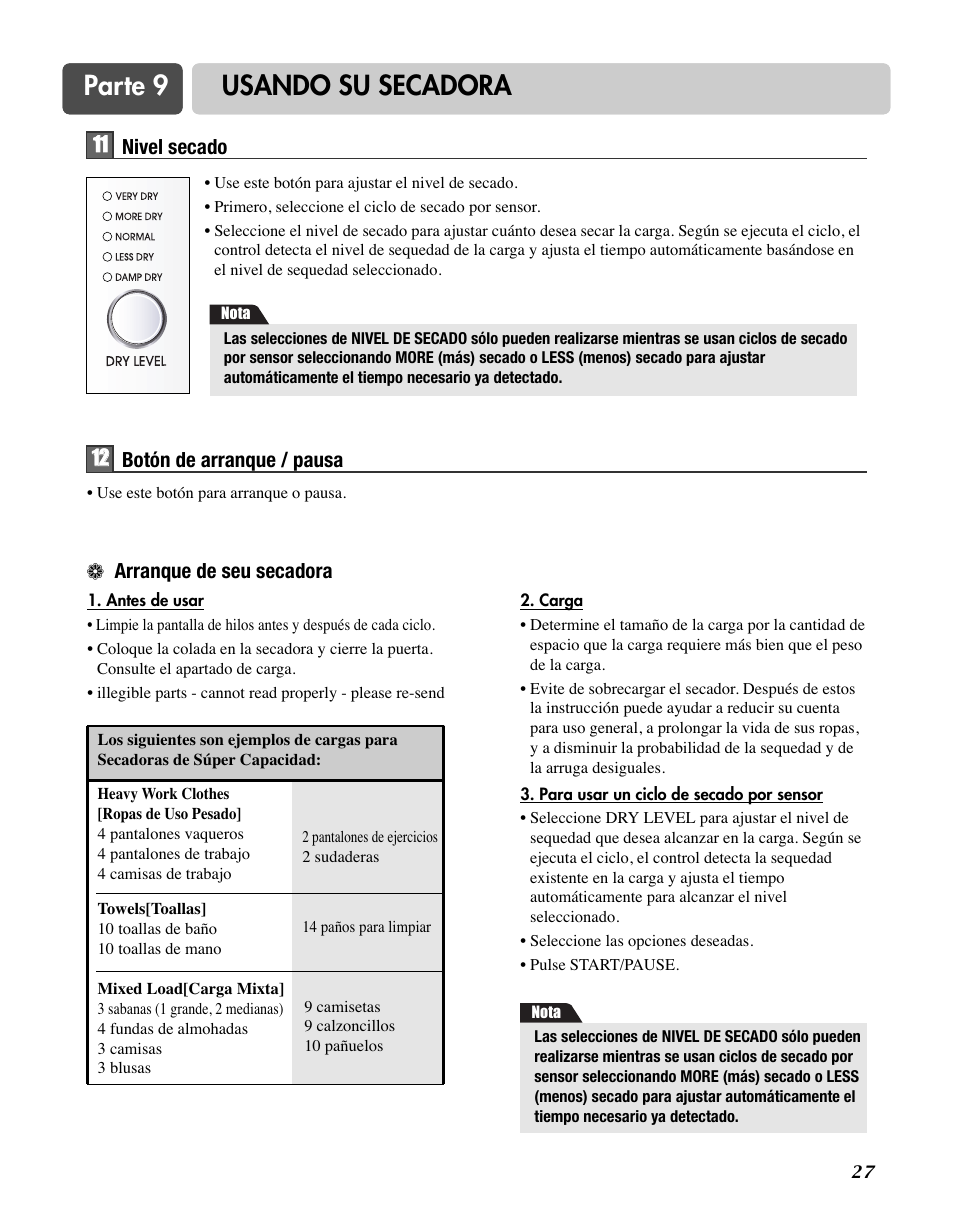 Parte 9 usando su secadora | LG TD-V10150G User Manual | Page 60 / 65