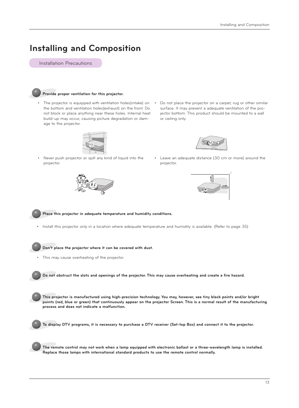 Installing and composition, Installation precautions | LG CF181D User Manual | Page 13 / 36