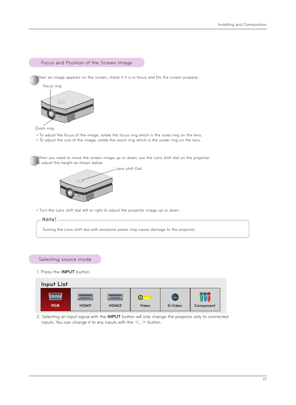Focus and position of the screen image, Selecting source mode, Input list | LG CF181D User Manual | Page 17 / 36