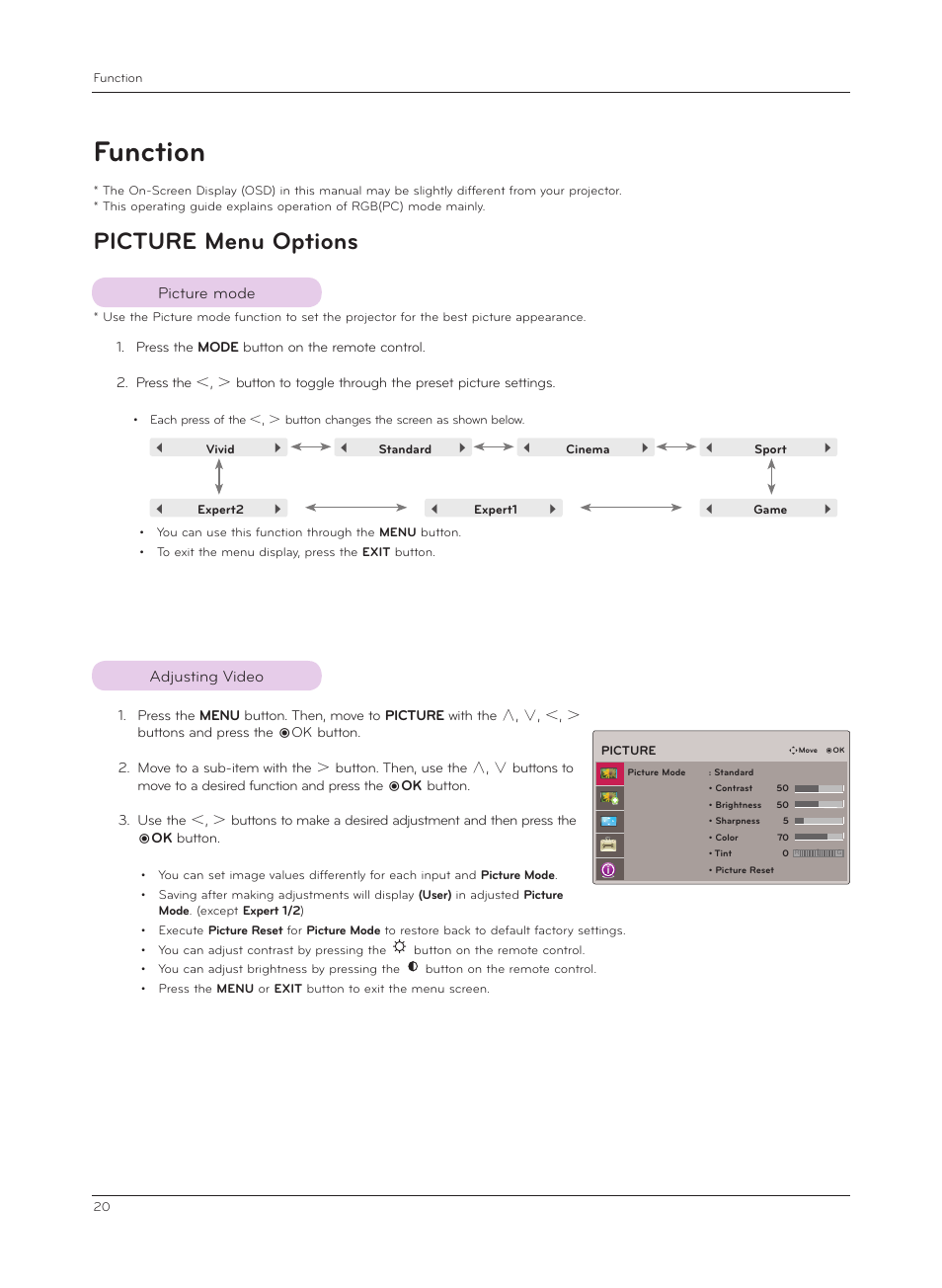 Function, Picture menu options, Picture mode | Adjusting video, Picture mode adjusting video | LG CF181D User Manual | Page 20 / 36