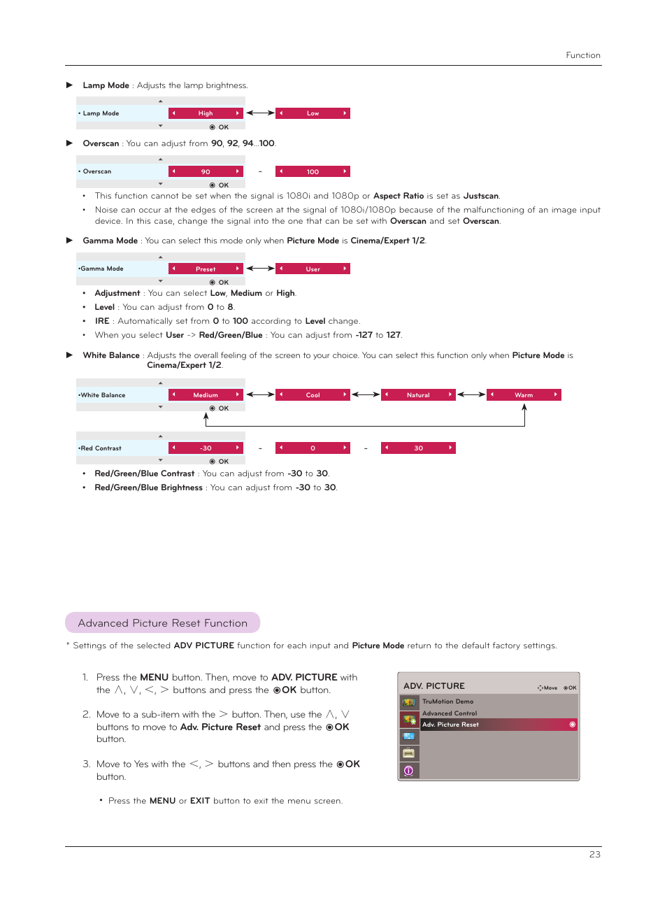 Advanced picture reset function | LG CF181D User Manual | Page 23 / 36