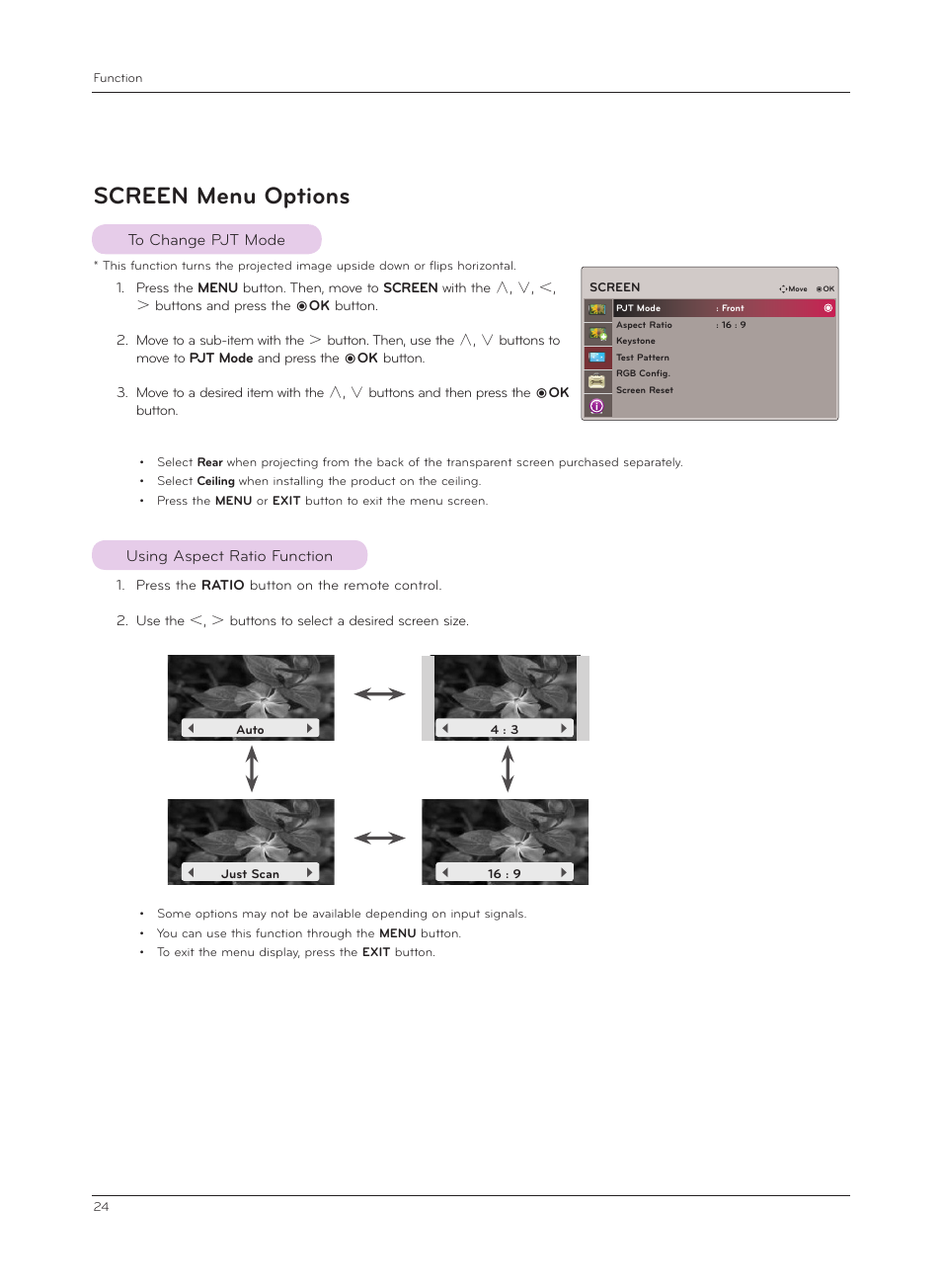 Screen menu options, To change pjt mode, Using aspect ratio function | LG CF181D User Manual | Page 24 / 36