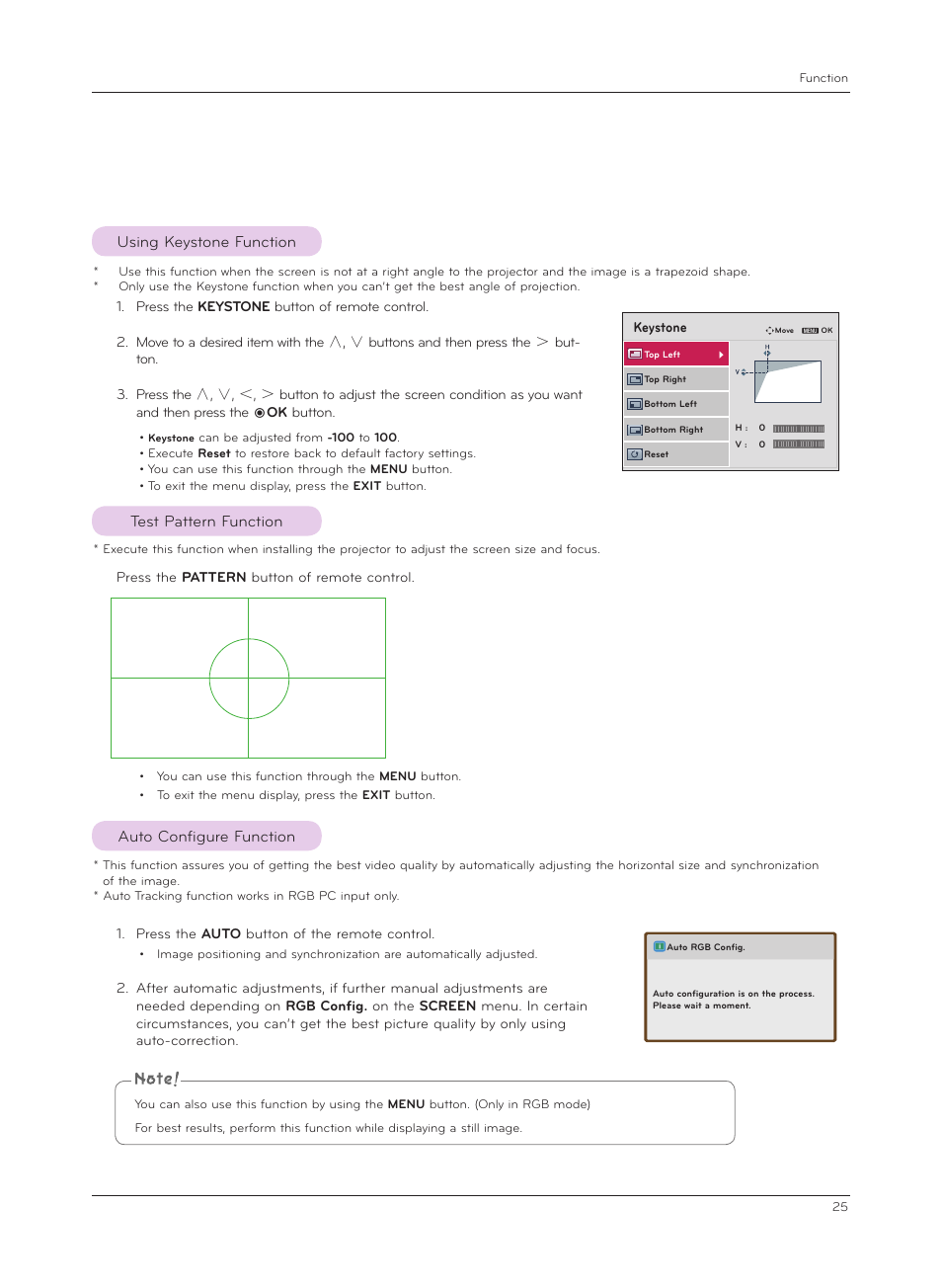 Using keystone function, Test pattern function, Auto configure function | LG CF181D User Manual | Page 25 / 36