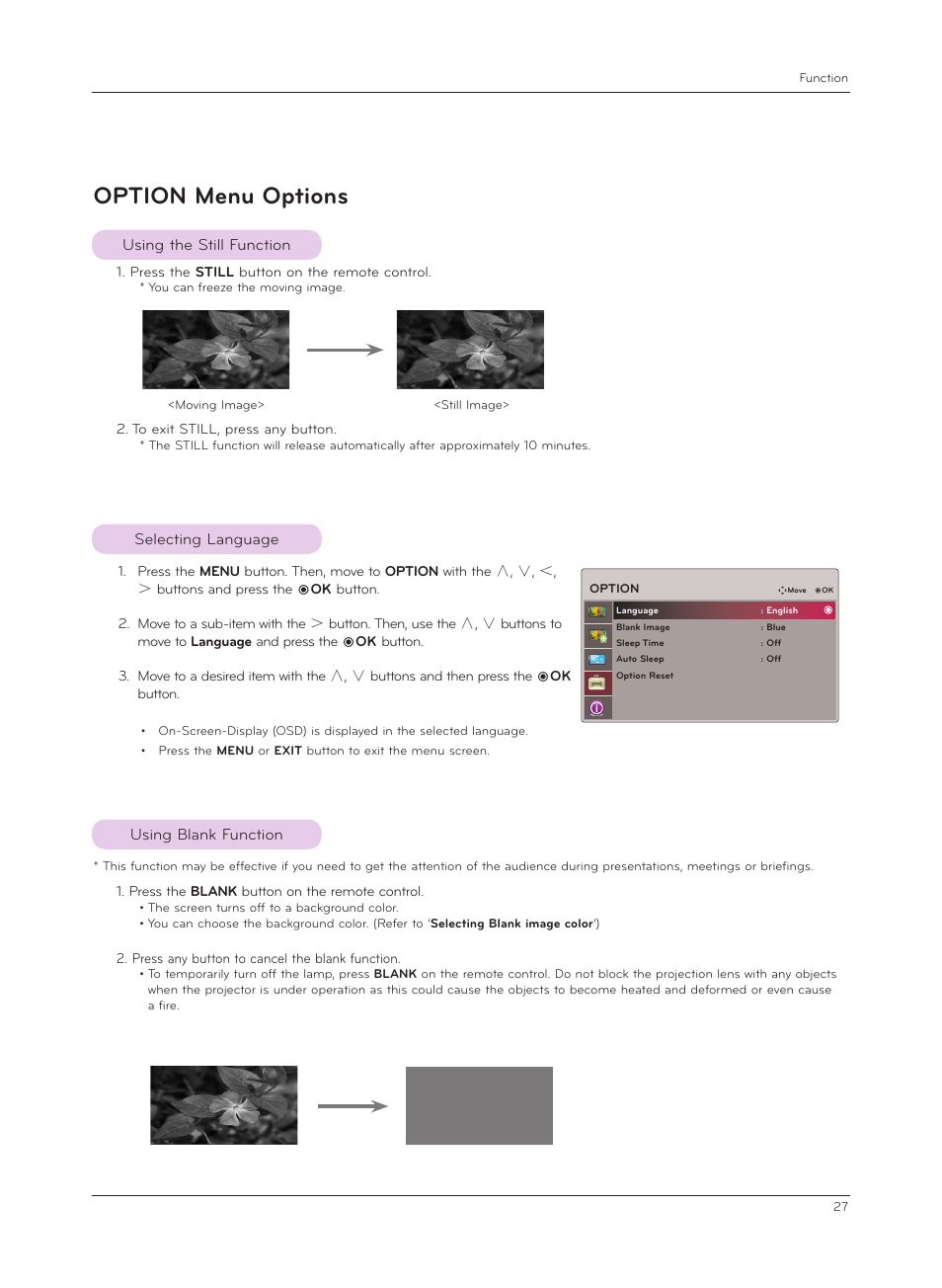 Option menu options, Using the still function, Selecting language | Using blank function | LG CF181D User Manual | Page 27 / 36
