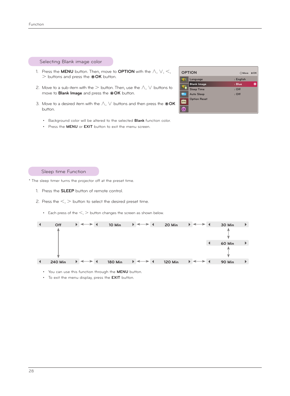 Selecting blank image color, Sleep time function | LG CF181D User Manual | Page 28 / 36