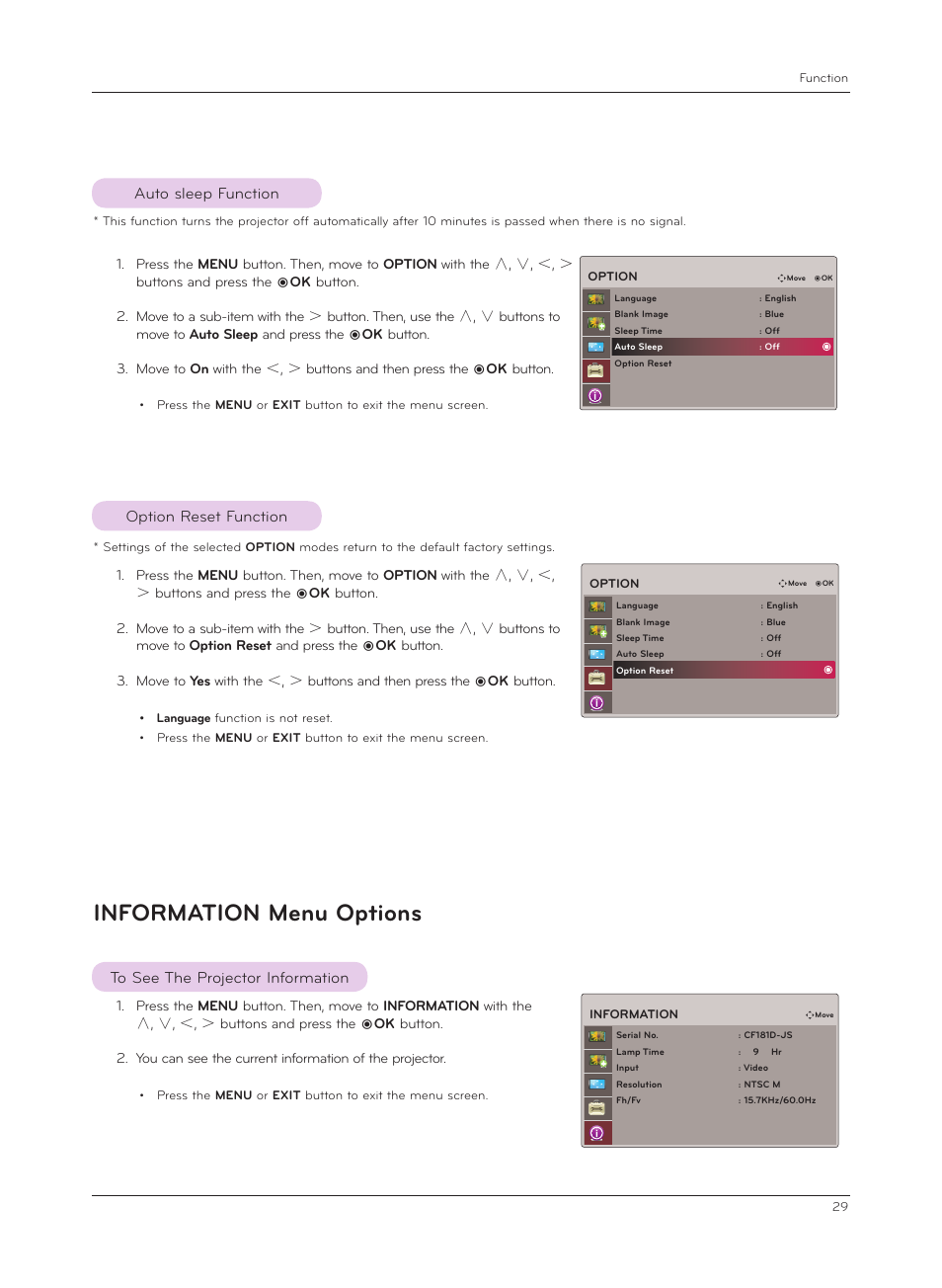 Auto sleep function, Option reset function, Information menu options | To see the projector information | LG CF181D User Manual | Page 29 / 36