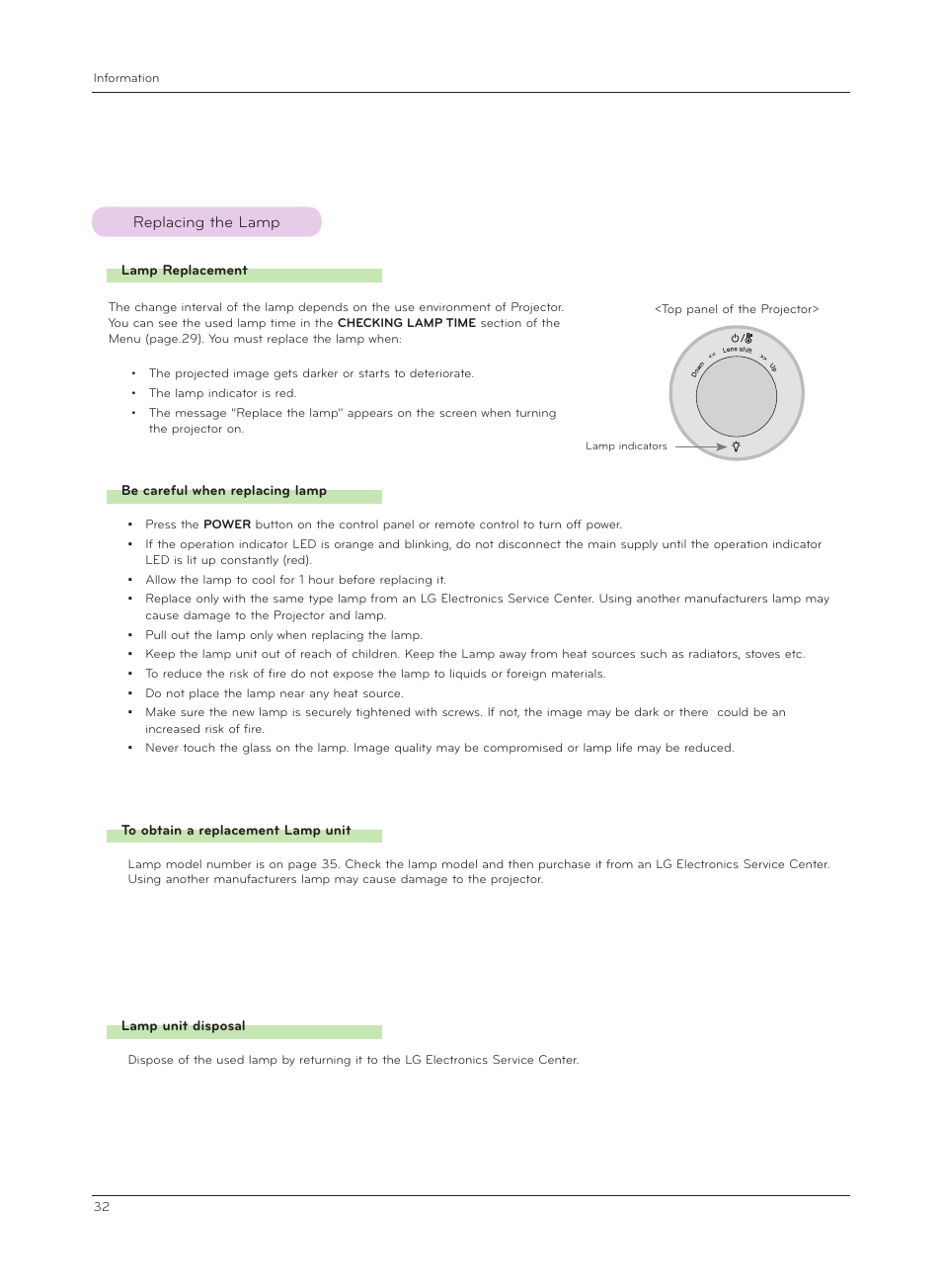 Replacing the lamp | LG CF181D User Manual | Page 32 / 36