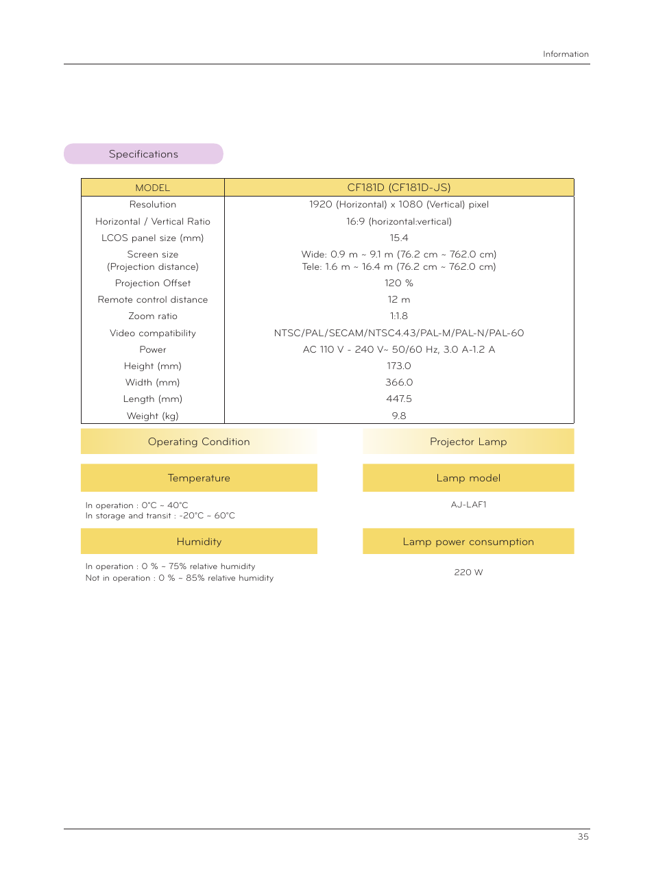 Specifications | LG CF181D User Manual | Page 35 / 36