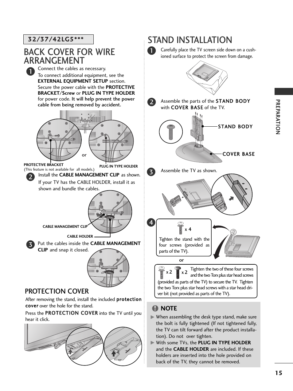 Protection cover, Stand installation, Stand installation back cover for wire arrangement | LG 37LG505H User Manual | Page 17 / 90