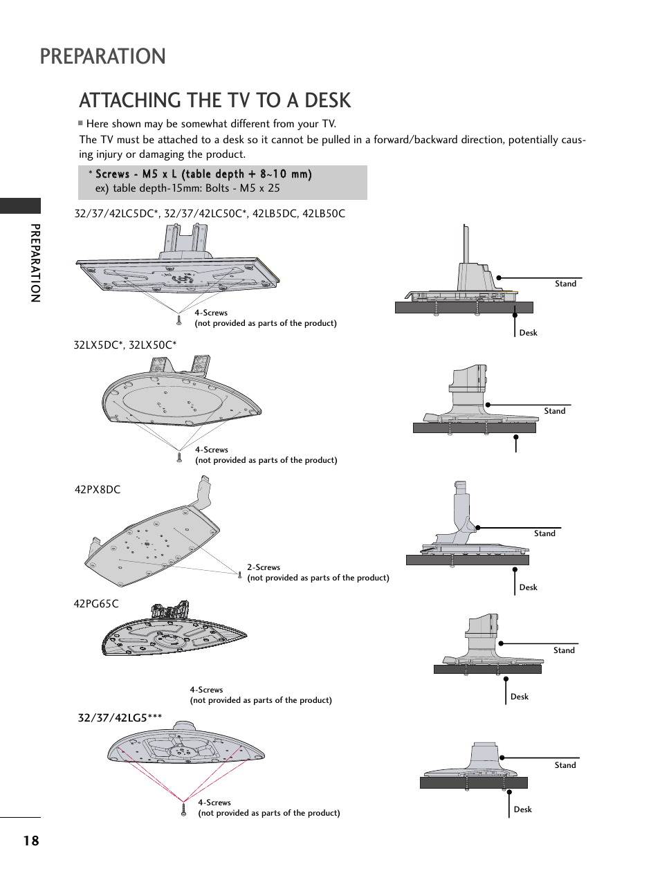 Attaching the tv to a desk, Preparation | LG 37LG505H User Manual | Page 20 / 90