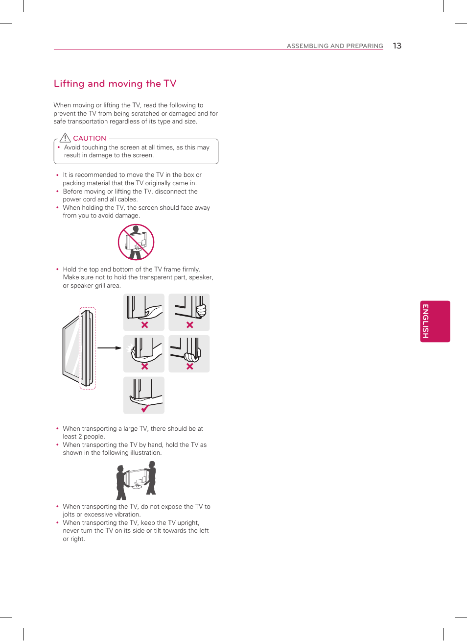 Lifting and moving the tv | LG 50LA6200 User Manual | Page 13 / 52