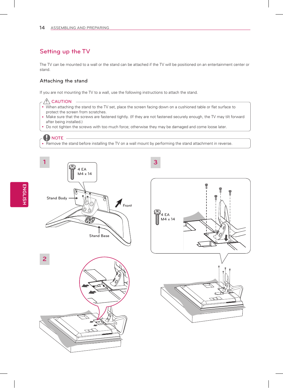 Setting up the tv, Attaching the stand | LG 50LA6200 User Manual | Page 14 / 52