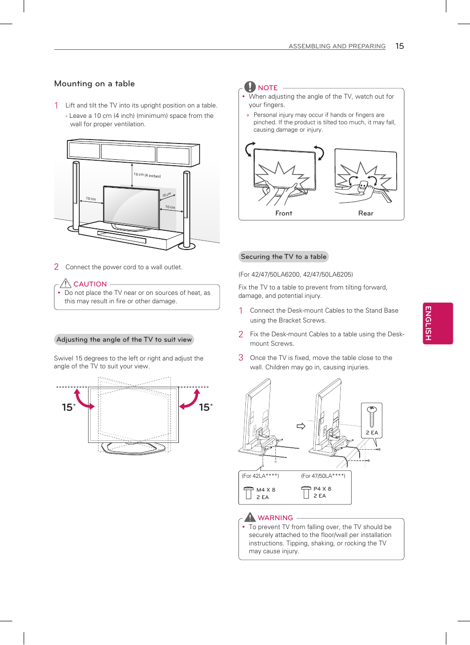 Mounting on a table 1 | LG 50LA6200 User Manual | Page 15 / 52