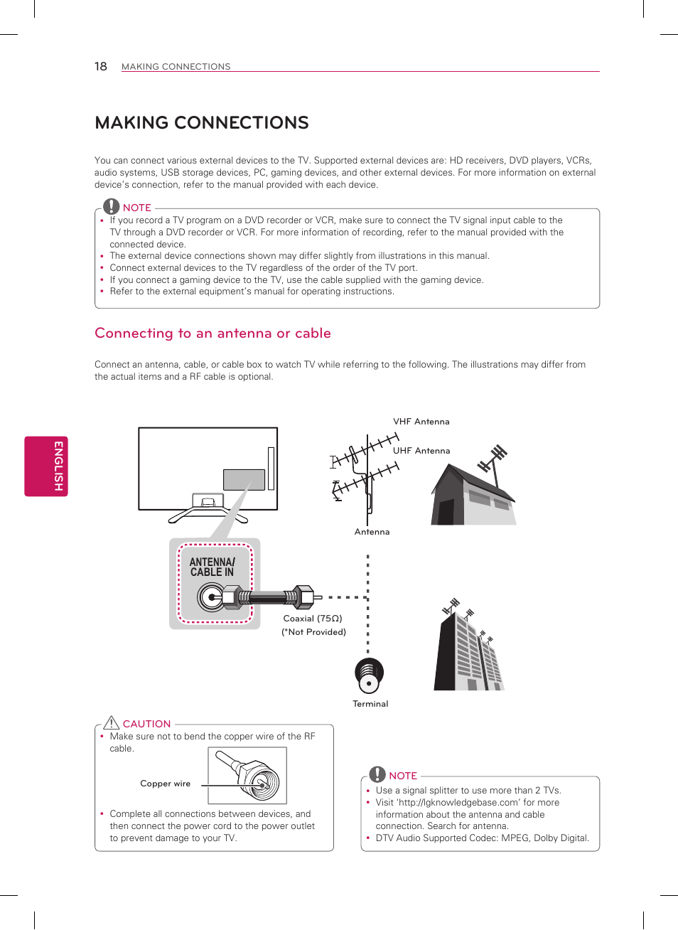 Making connections, Connecting to an antenna or cable | LG 50LA6200 User Manual | Page 18 / 52