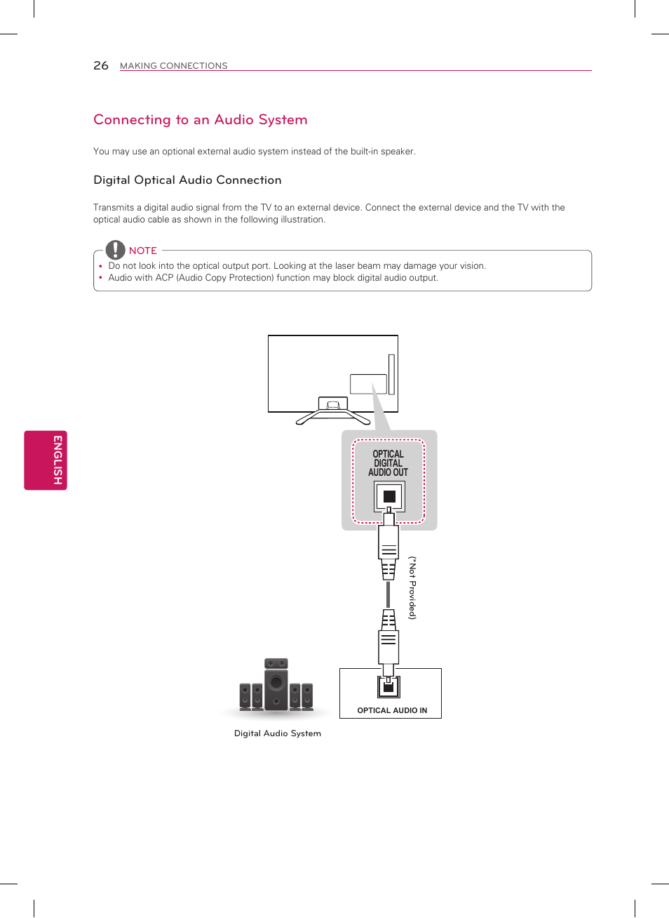 Connecting to an audio system, Digital optical audio connection | LG 50LA6200 User Manual | Page 26 / 52