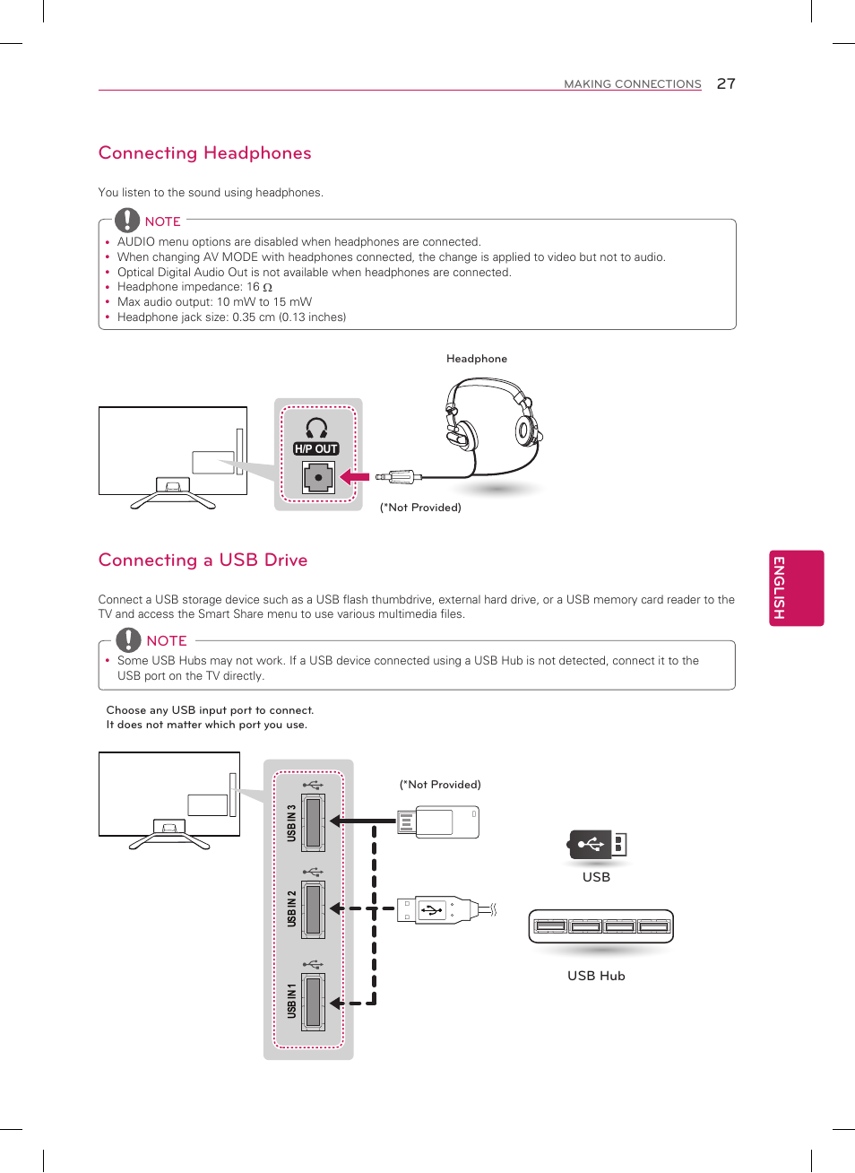 Connecting headphones, Connecting a usb drive | LG 50LA6200 User Manual | Page 27 / 52