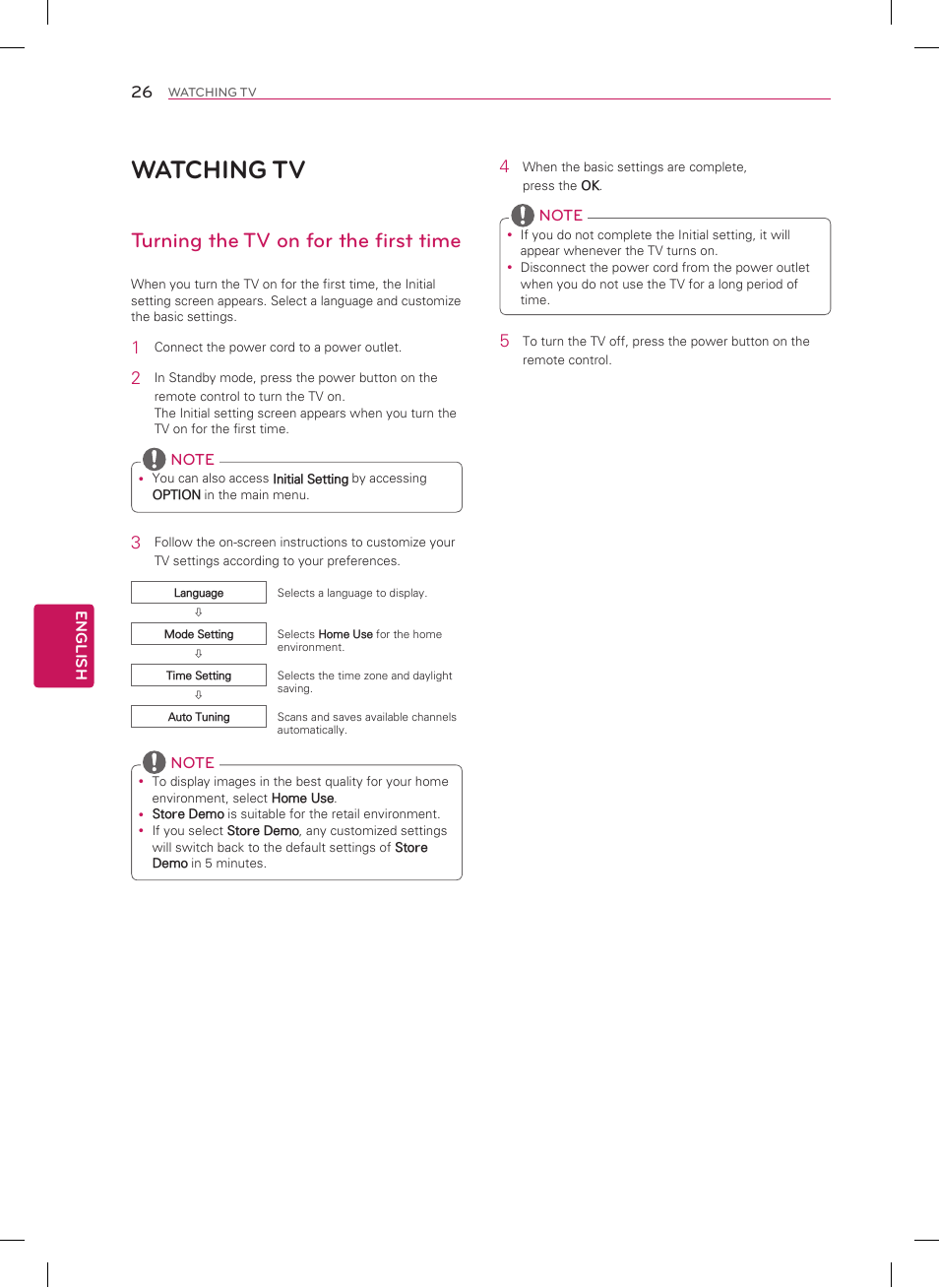 Watching tv, Turning the tv on for the first time | LG 32LN5310 User Manual | Page 26 / 32