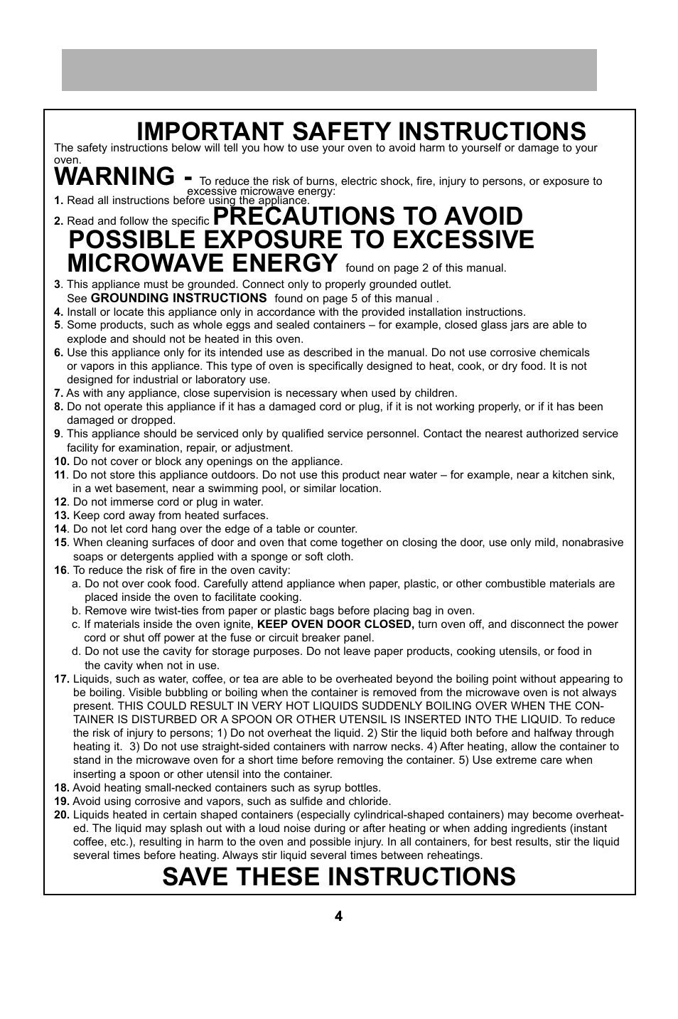 Important safety instructions, Warning, Save these instructions | Safety - microwave, Safety | LG MA7511B User Manual | Page 4 / 15
