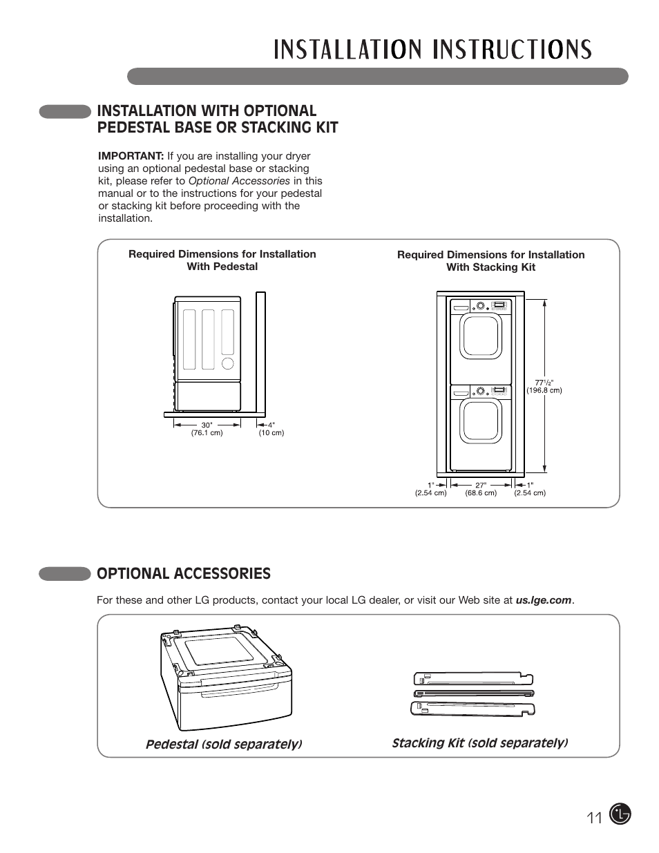 Optional accessories | LG DLGX3002P User Manual | Page 11 / 96