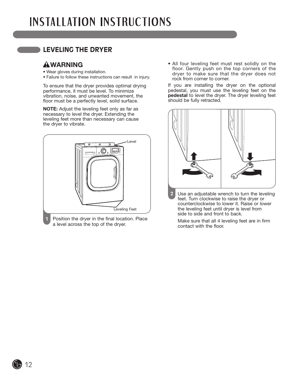 Leveling the dryer, Warning | LG DLGX3002P User Manual | Page 12 / 96