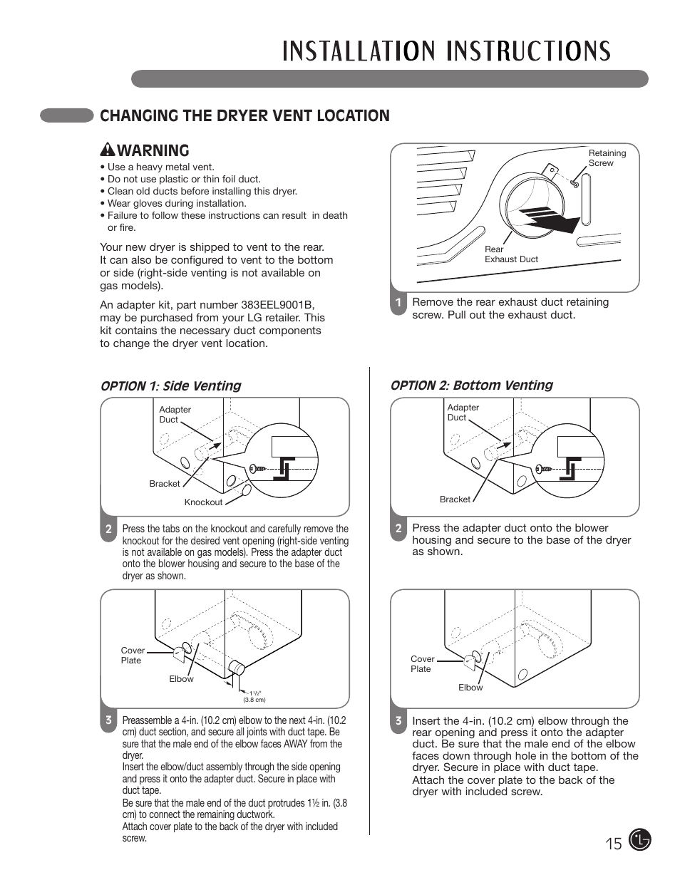 15 changing the dryer vent location, Warning | LG DLGX3002P User Manual | Page 15 / 96