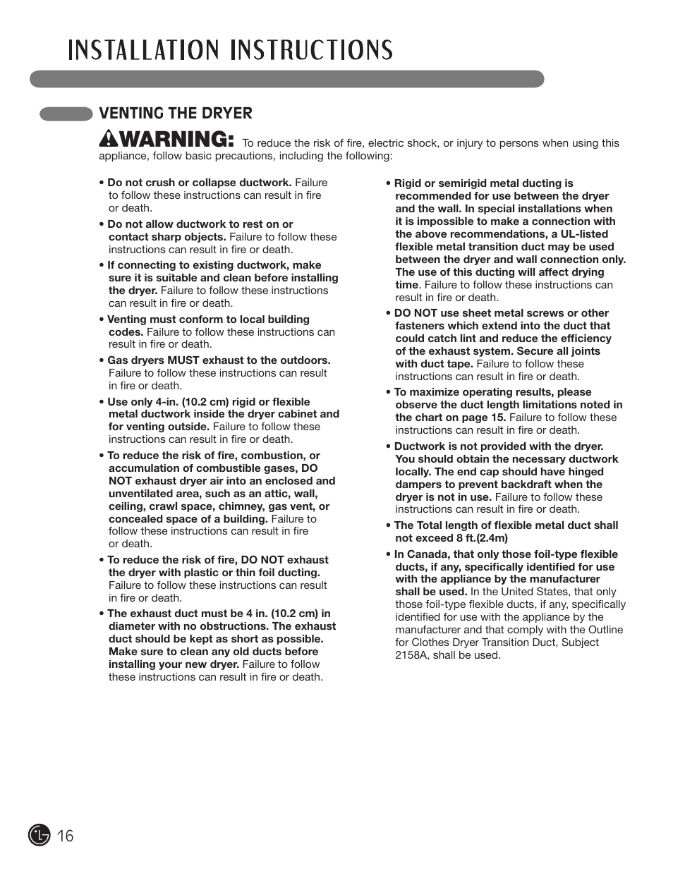 Wwarning, Venting the dryer | LG DLGX3002P User Manual | Page 16 / 96
