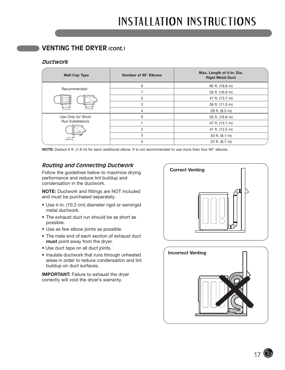 Venting the dryer, Routing and connecting ductwork, Cont.) | Ductwork | LG DLGX3002P User Manual | Page 17 / 96