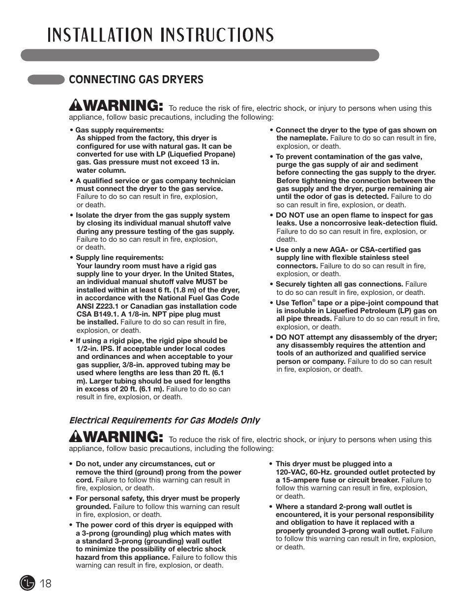 Wwarning, 18 connecting gas dryers | LG DLGX3002P User Manual | Page 18 / 96