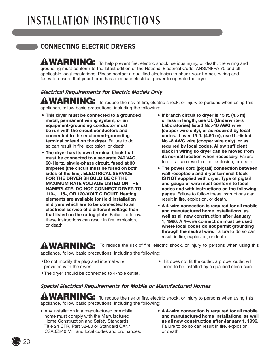 Wwarning, Connecting electric dryers | LG DLGX3002P User Manual | Page 20 / 96