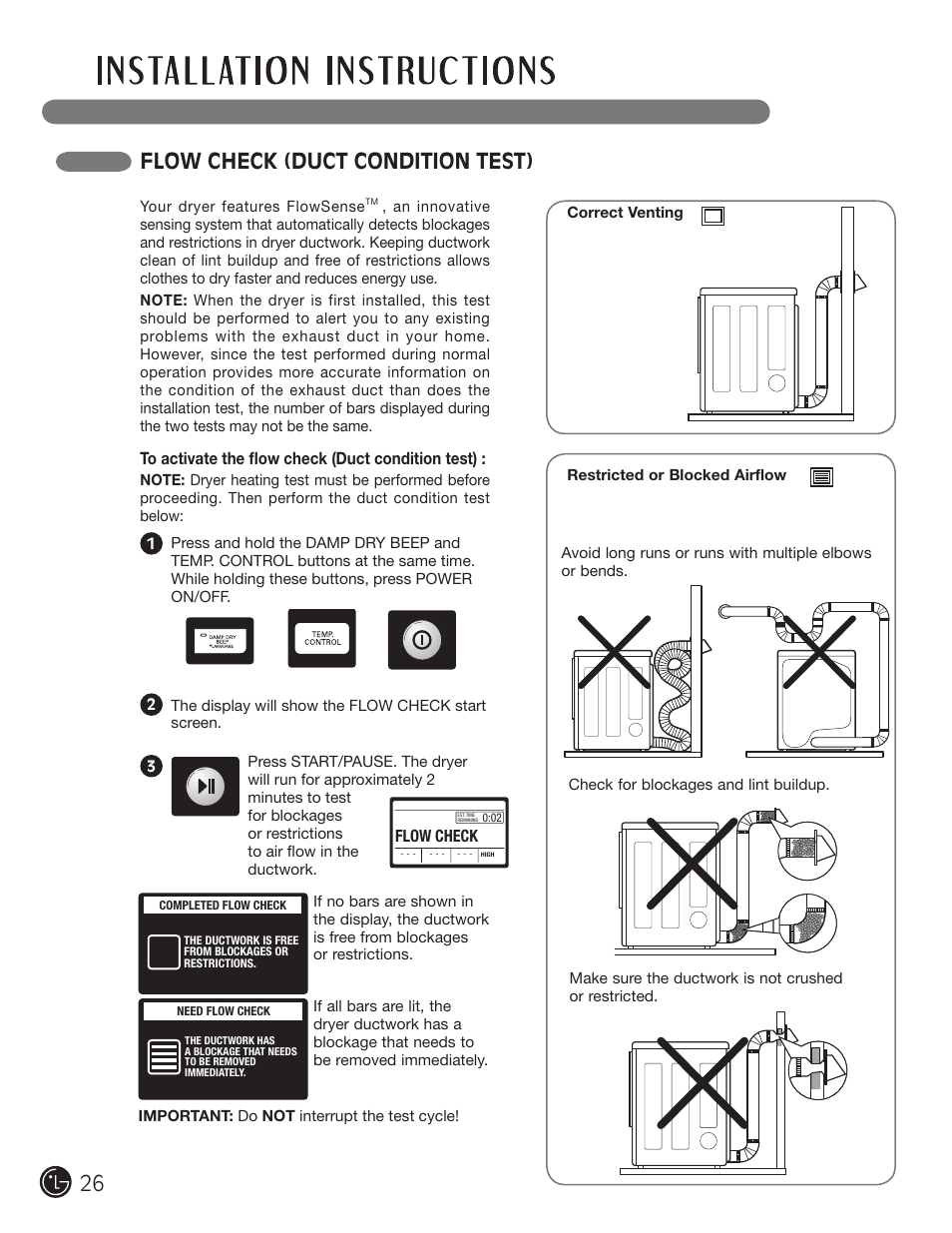 Flow check (duct condition test) | LG DLGX3002P User Manual | Page 26 / 96