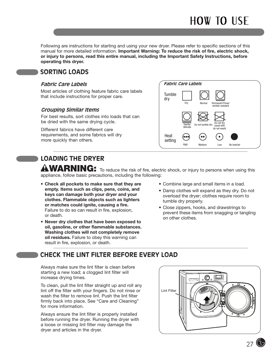 Wwarning, Sorting loads, Check the lint filter before every load | Loading the dryer | LG DLGX3002P User Manual | Page 27 / 96