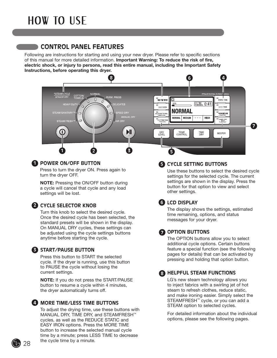 Control panel features | LG DLGX3002P User Manual | Page 28 / 96