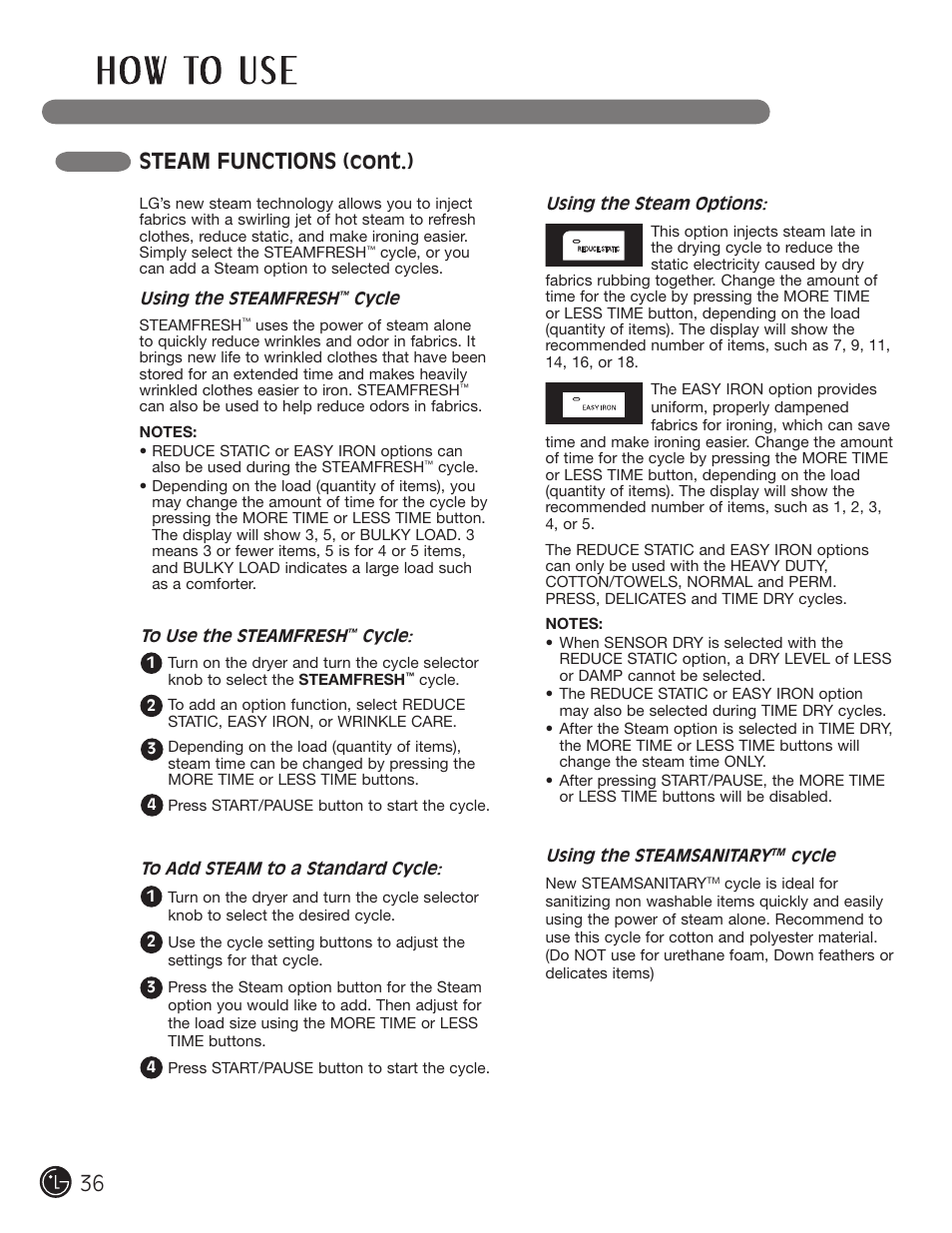 Steam functions (cont.) | LG DLGX3002P User Manual | Page 36 / 96