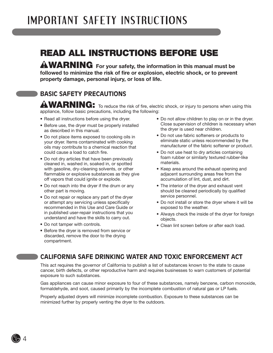 Read all instructions before use w warning, Wwarning, Basic safety precautions | LG DLGX3002P User Manual | Page 4 / 96