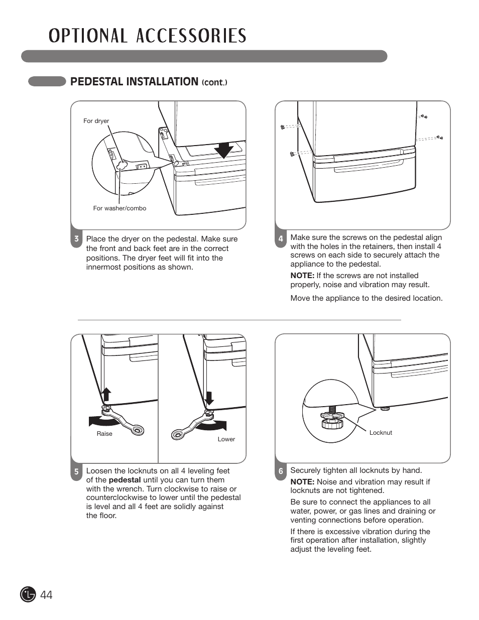 Pedestal installation | LG DLGX3002P User Manual | Page 44 / 96