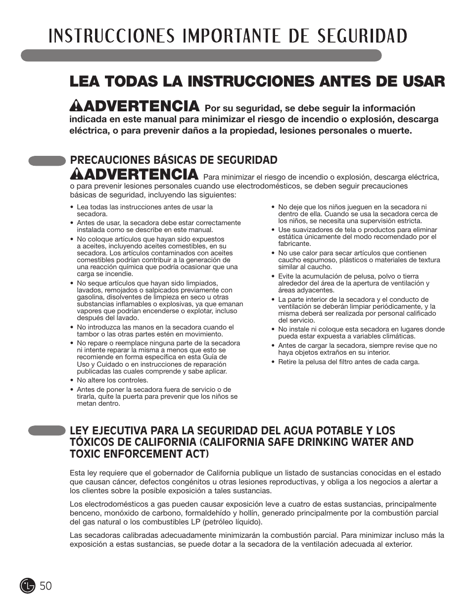 Wadvertencia, Precauciones básicas de seguridad | LG DLGX3002P User Manual | Page 50 / 96