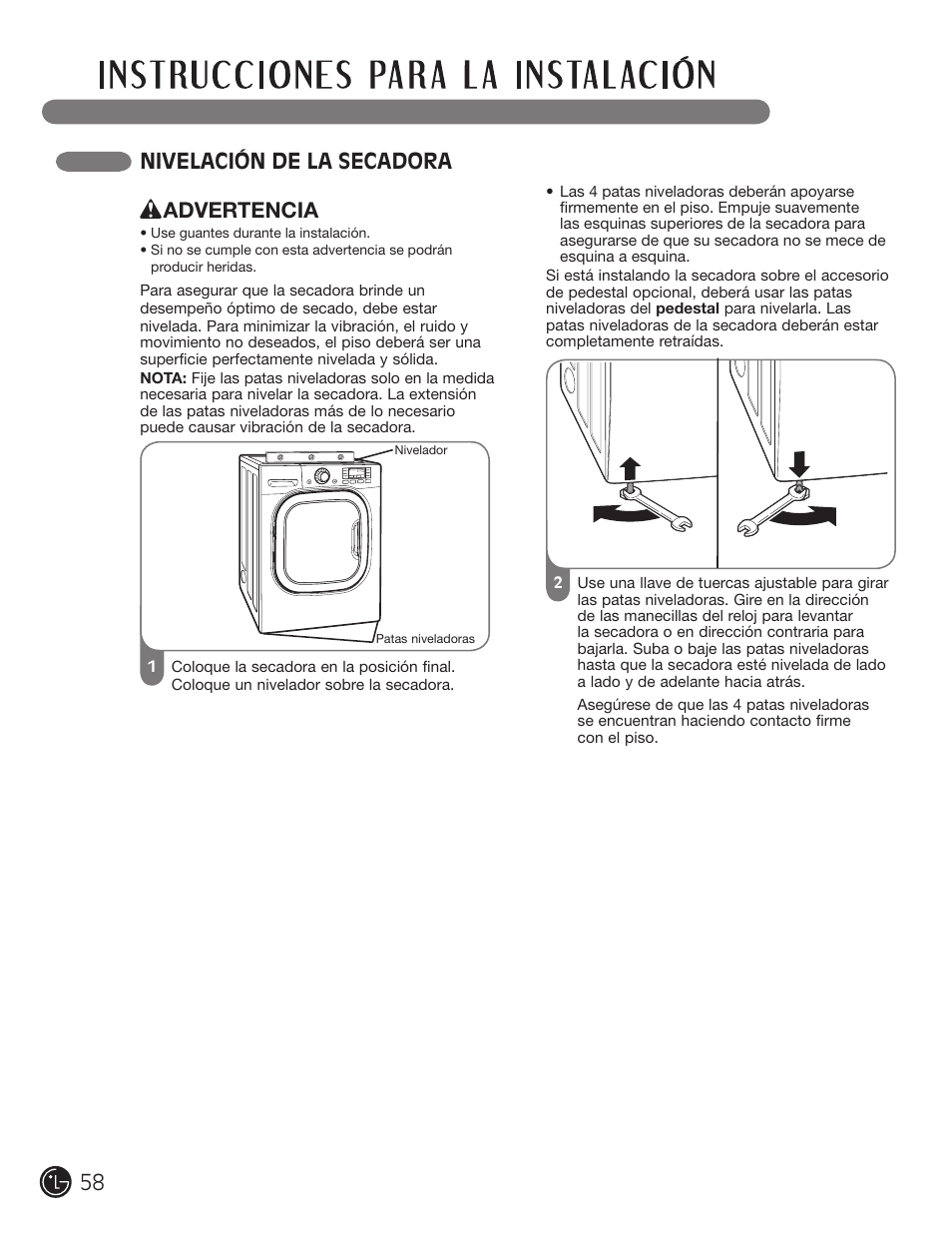 Nivelación de la secadora, Advertencia | LG DLGX3002P User Manual | Page 58 / 96