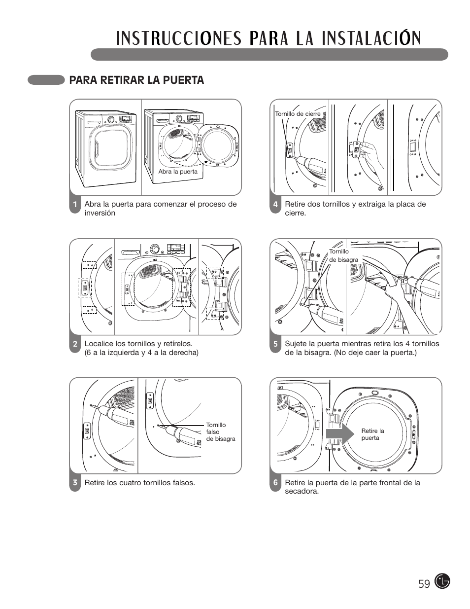 Para retirar la puerta | LG DLGX3002P User Manual | Page 59 / 96