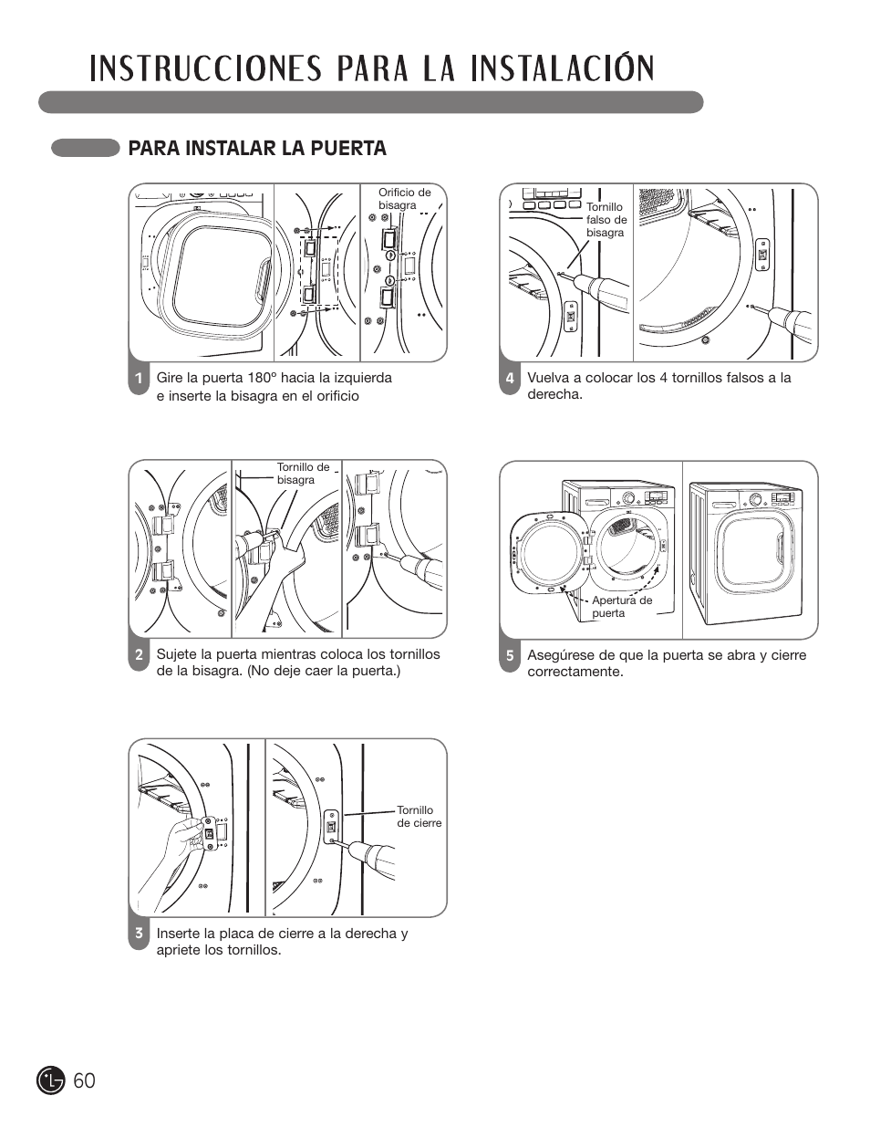 Para instalar la puerta | LG DLGX3002P User Manual | Page 60 / 96