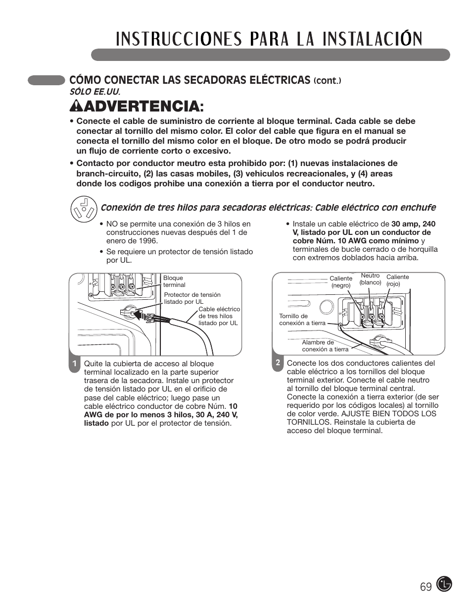 Wadvertencia, Cómo conectar las secadoras eléctricas | LG DLGX3002P User Manual | Page 69 / 96