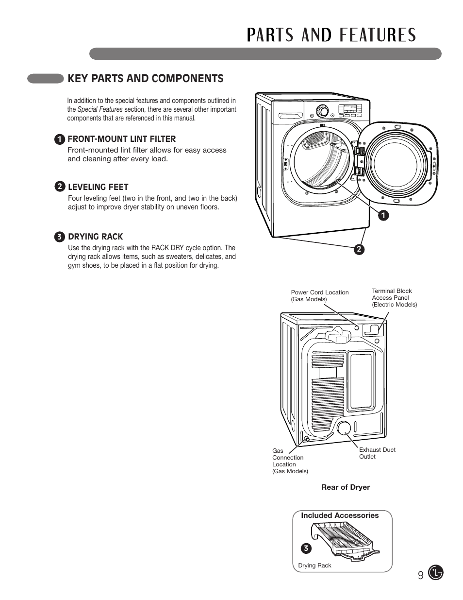 Key parts and components | LG DLGX3002P User Manual | Page 9 / 96