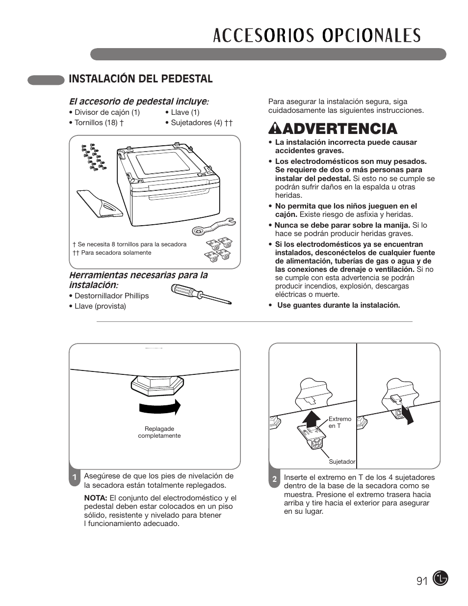 Wadvertencia, Instalación del pedestal | LG DLGX3002P User Manual | Page 91 / 96