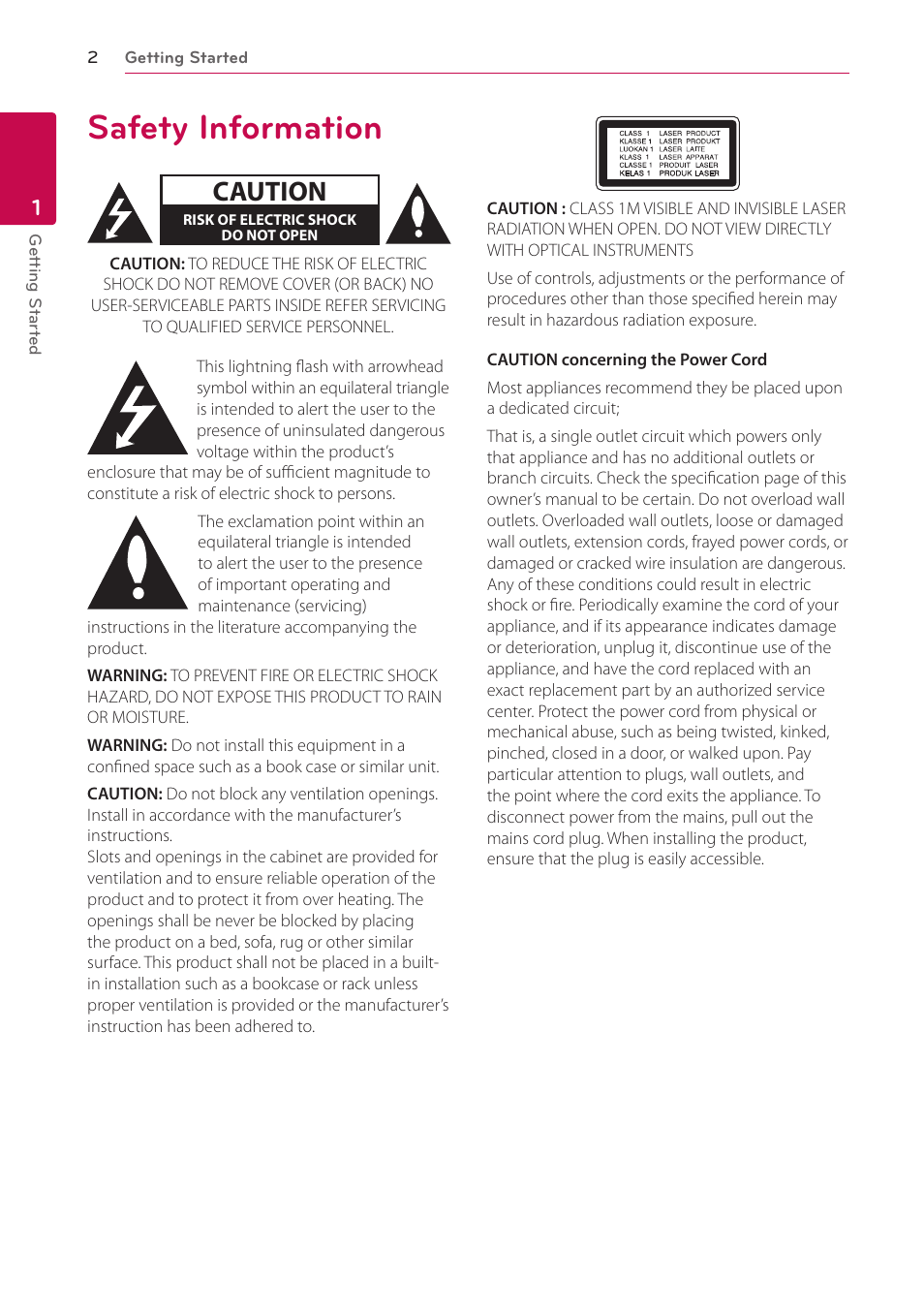 1 getting started, Safety information, Caution | LG BH9420PW User Manual | Page 2 / 82