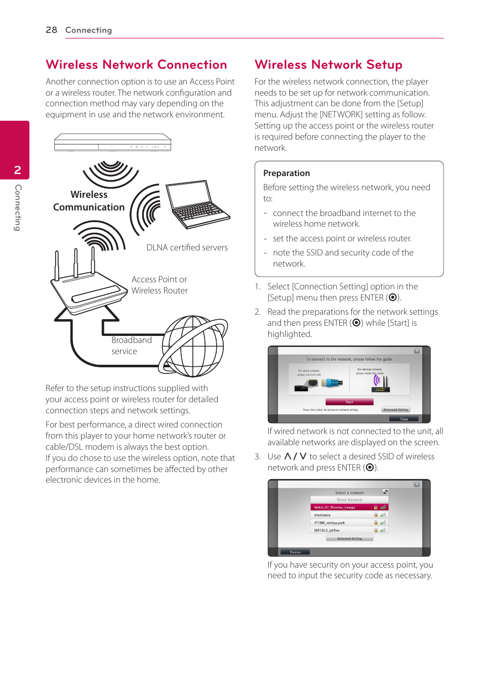 Wireless network connection, Wireless network setup | LG BH9420PW User Manual | Page 28 / 82