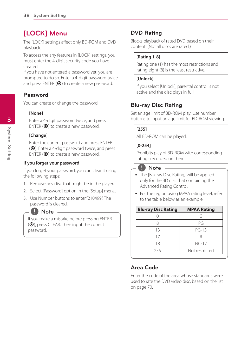 Lock] menu, 38 – [lock] menu | LG BH9420PW User Manual | Page 38 / 82