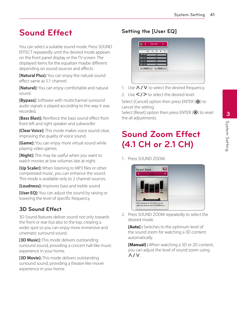 Sound effect, Sound zoom effect (4.1 ch or 2.1 ch) | LG BH9420PW User Manual | Page 41 / 82