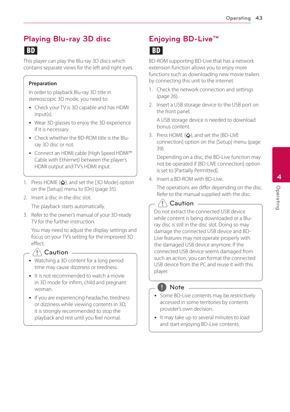 Playing blu-ray 3d disc, Enjoying bd-live, 43 – playing blu-ray 3d disc 43 – enjoying bd-live | Playing blu-ray 3d disc e, Enjoying bd-live™ e | LG BH9420PW User Manual | Page 43 / 82