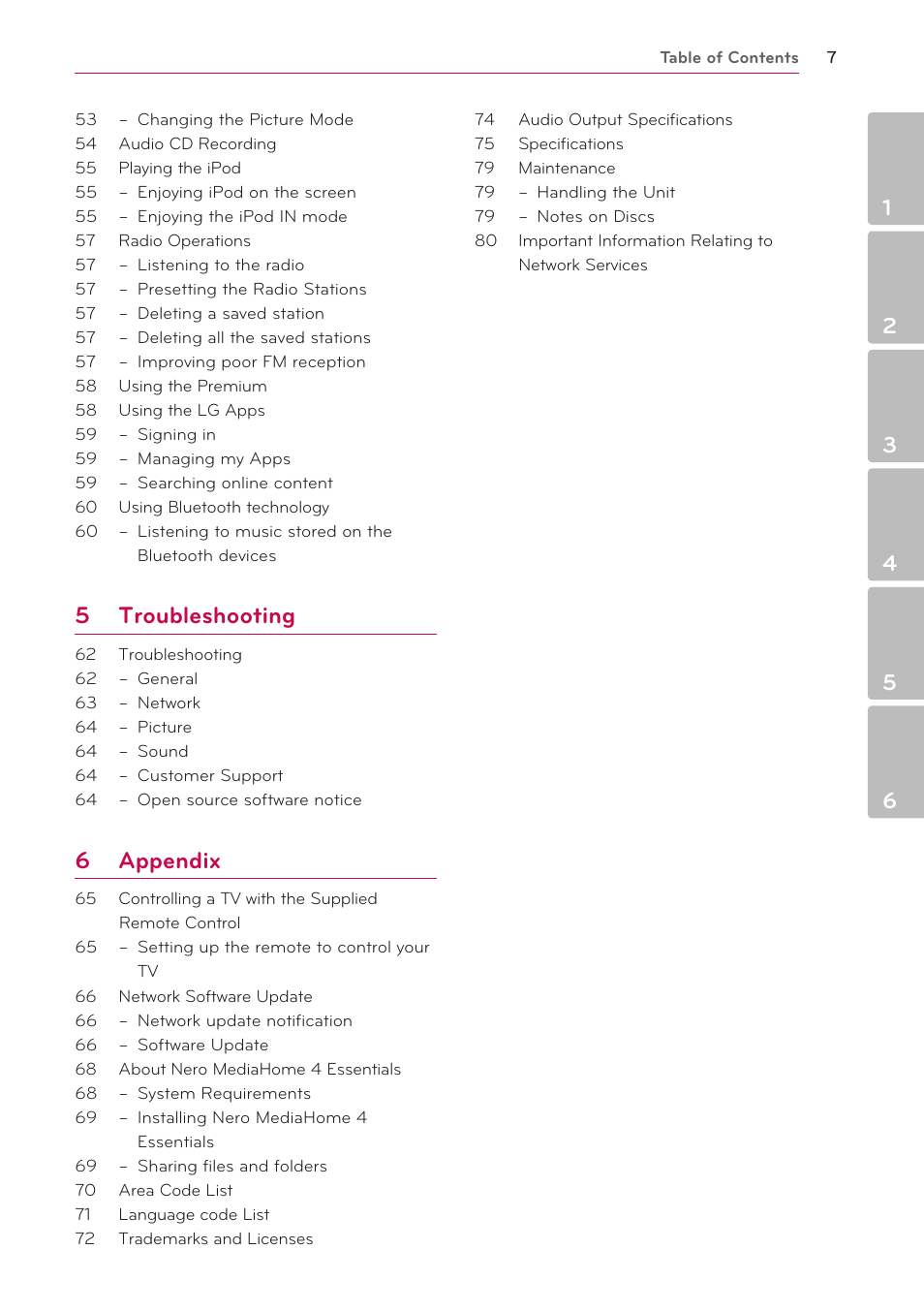 5 troubleshooting, 6 appendix | LG BH9420PW User Manual | Page 7 / 82